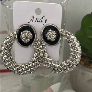 Silver and Black Textured Hoop Earrings